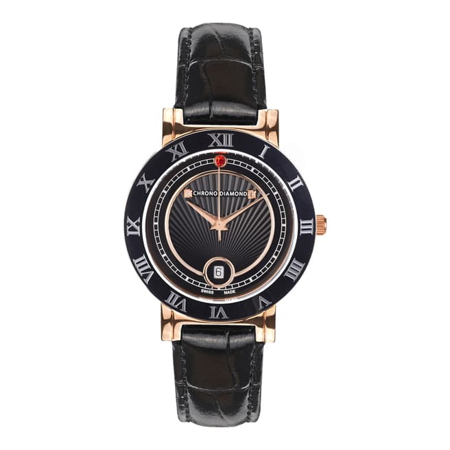 Chrono Diamond Women's Rose Gold / Black Stainless Steel/Leather Swiss Made Watch 36mm