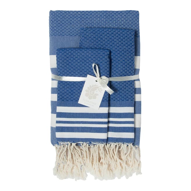 Febronie Hamptons Set of 3 Bathroom Hammam Towels, Greek Blue