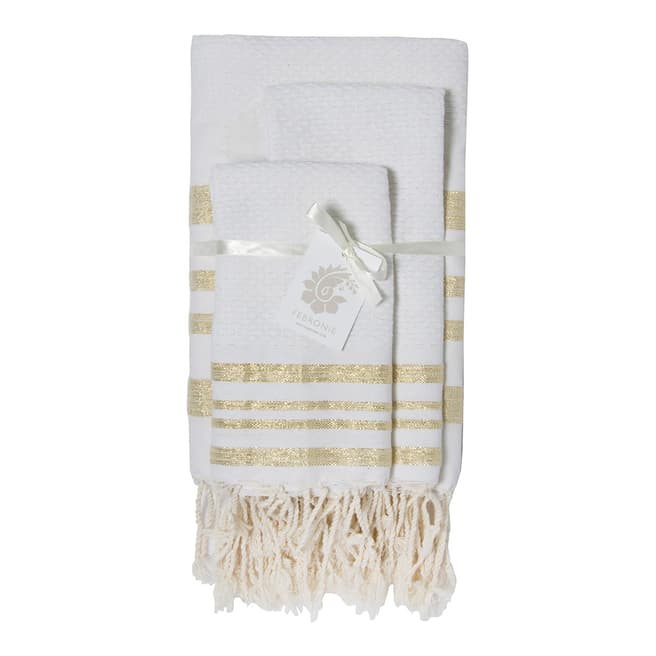Febronie Hamptons Set of 3 Bathroom Hammam Towels, White/Gold