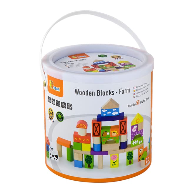 Viga Toys 50 Piece Farm Building Blocks in a Drum