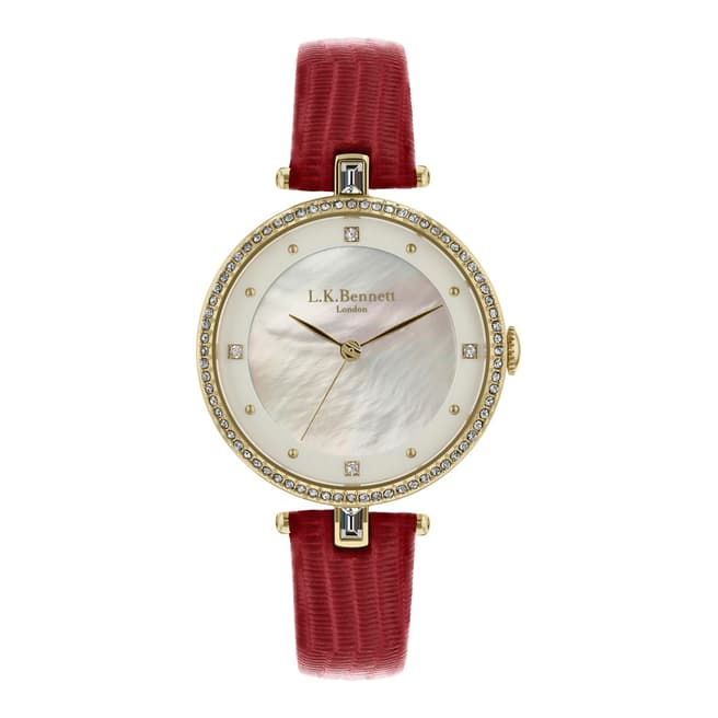 L K Bennett Silver White Satin And Mother Of Pearl Watch With Gold Casing