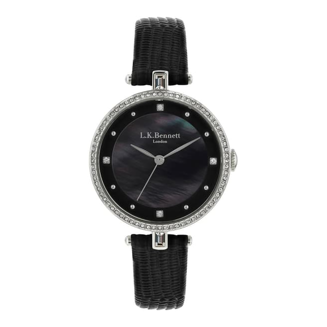 L K Bennett Black Satin And Mother Of Pearl Watch With Silver Casing
