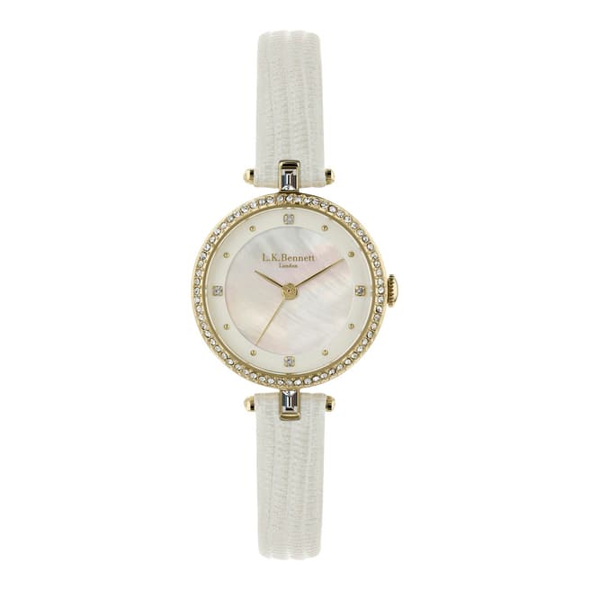 L K Bennett Silver White Satin And Mother Of Pearl Watch With Gold Casing