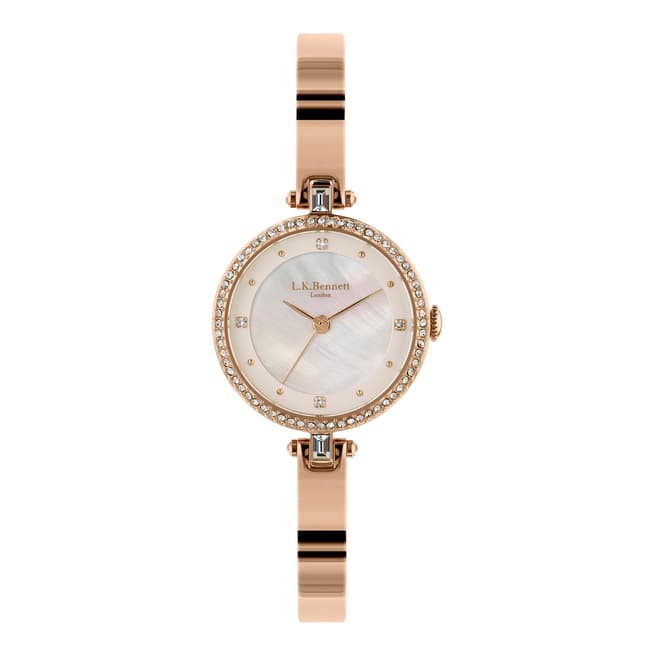 L K Bennett Silver White Satin And Mother Of Pearl Watch With Rose Gold Casing