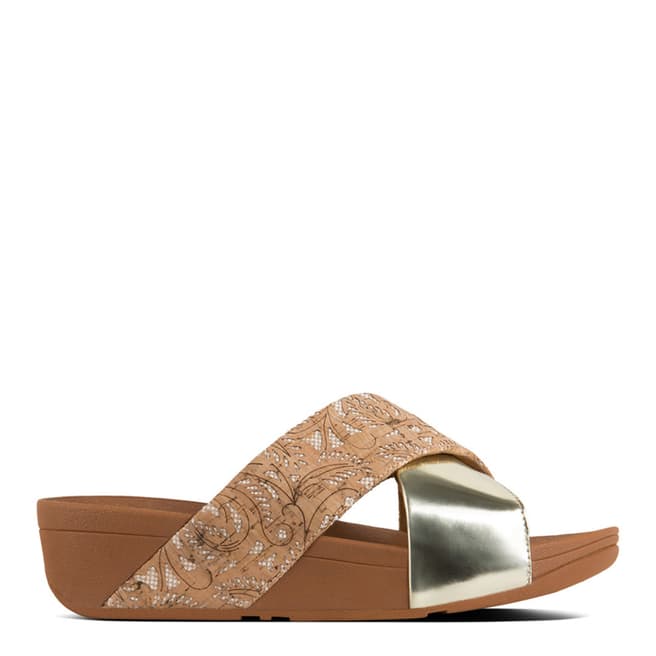 FitFlop Cork/Gold Lulu Cross Slide Metallic Patterned Sandals
