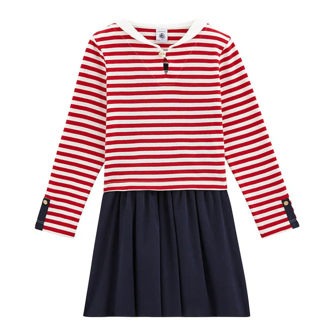 Petit Bateau Girl's Red/Navy Sailor Stripe Two-In-One Dress