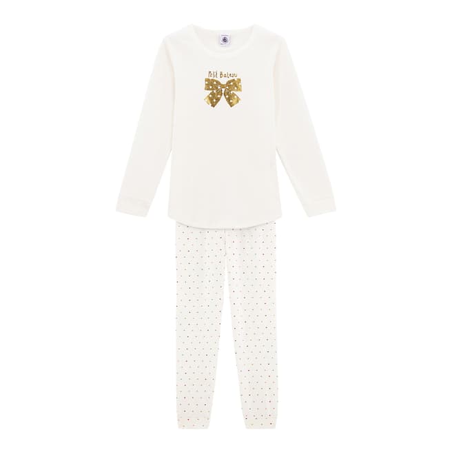 Petit Bateau Girl's White Gold Bow Pyjamas 