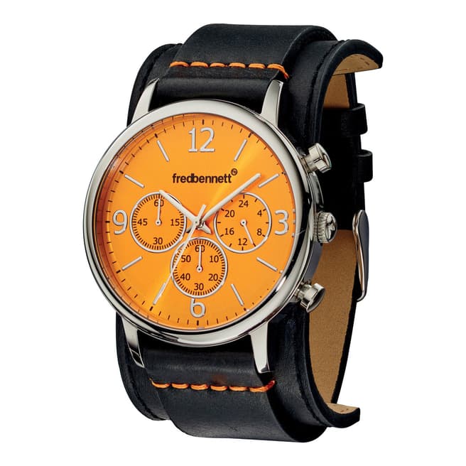 Fred Bennett Watch Black Leather Strap And Orange Dial