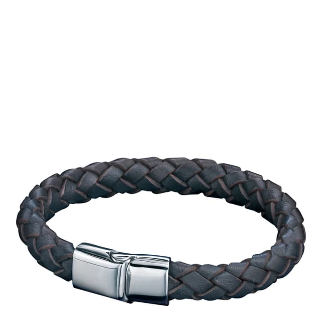 Fred Bennett Stainless Steel Brown Leather Braid Bracelet With Stainless Steel Fastening