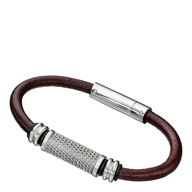 Fred Bennett Brown Leather Bracelet With Chain Wrapped Stainless Steel Bar Detail