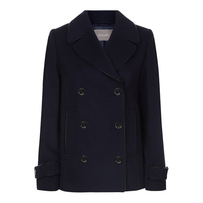 Jaeger Navy Faux Leather Trim Peacoat
