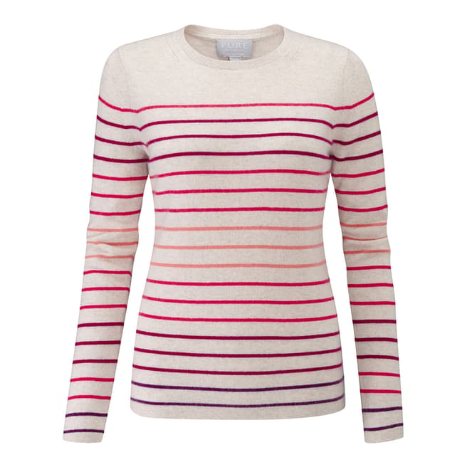 Pure Collection Pink Multi Stripe Cashmere Crew Neck Sweater 