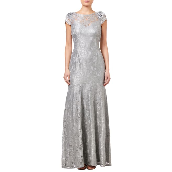 Adrianna Papell Silver Slate Long Metallic Lace Dress