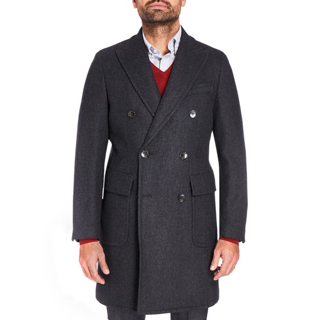 Hackett London Charcoal Herringbone Wool Overcoat