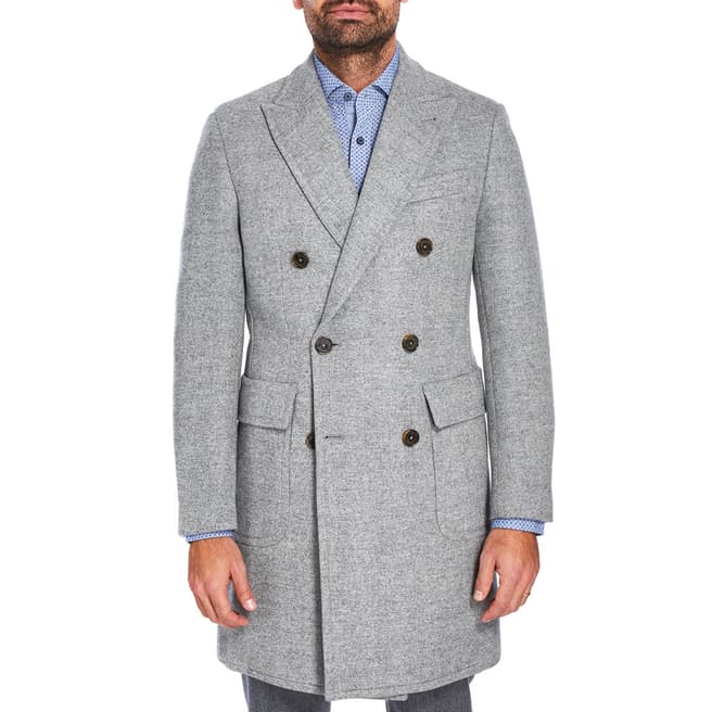 Hackett London Pale Grey  Herringbone Wool Overcoat
