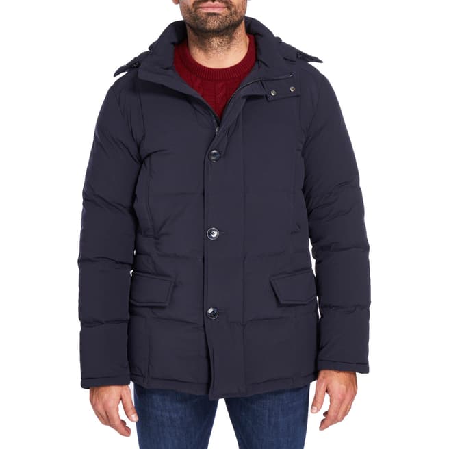 Hackett London Navy Quilted Faux Fur Parka Coat