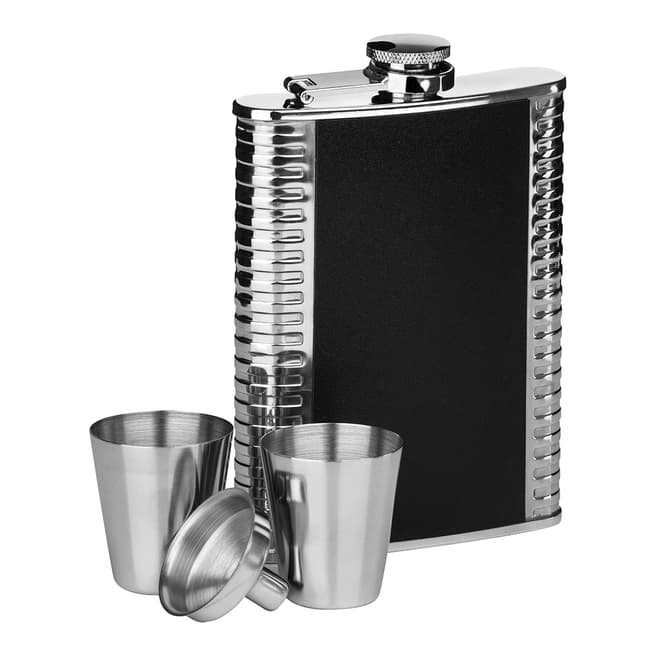 Premier Housewares Black Ribbed Stainless Steel Hip Flask Set