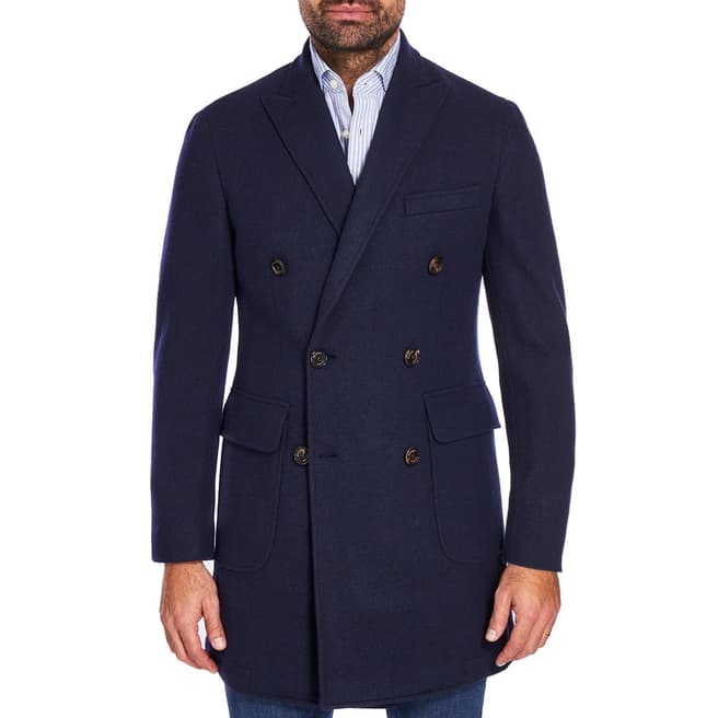 Hackett London Black/Navy Double Breasted Wool Blend Coat
