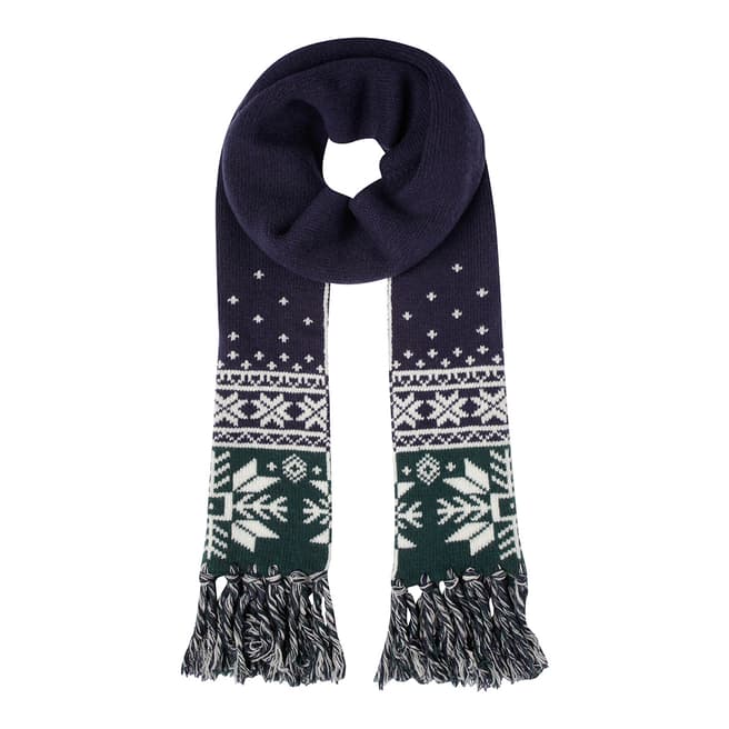 Hackett London Navy/Green Snow Flake Knit Wool Scarf