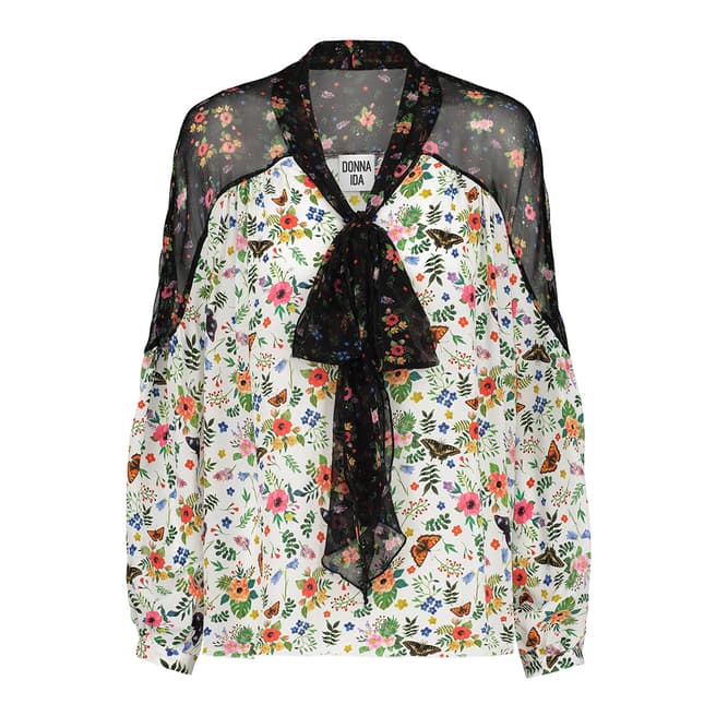 Donna Ida Loose Fit Pussy Bow Printed Silk Blouse