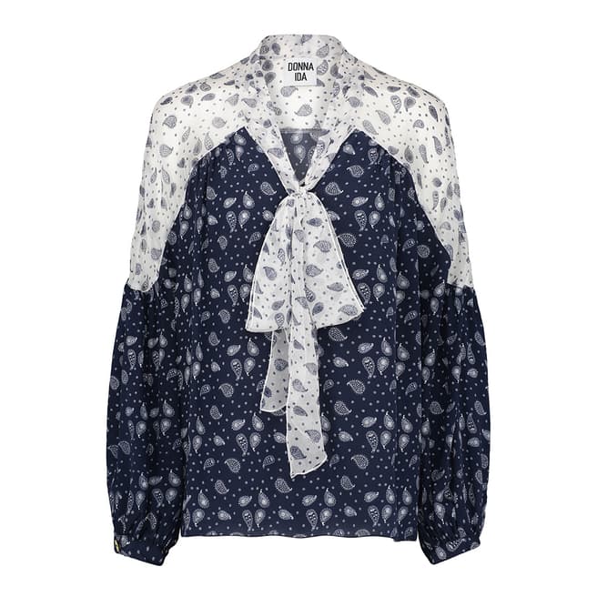 Donna Ida Loose Fit Pussy Bow Printed Silk Blouse