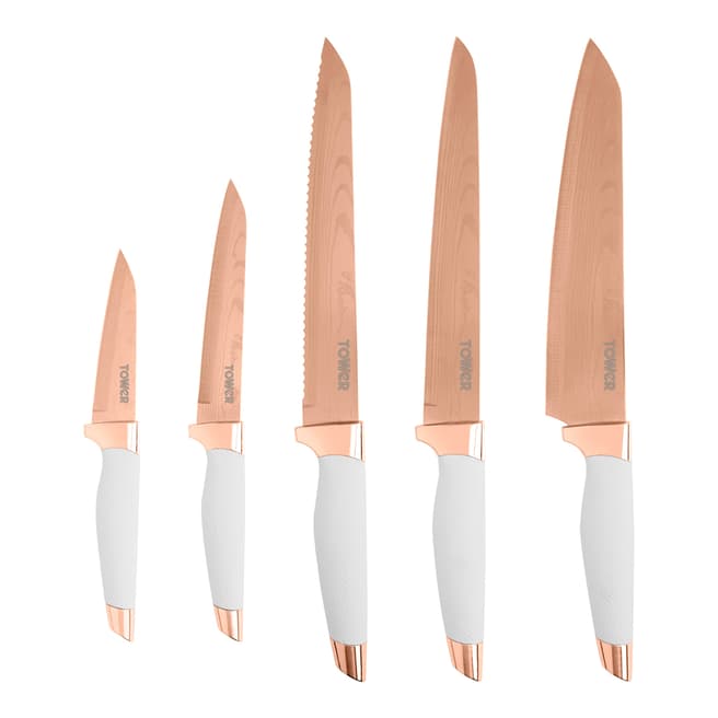 Tower 5 Piece Rose Gold & White Damascus Effect Knife Set with Acrylic Stand
