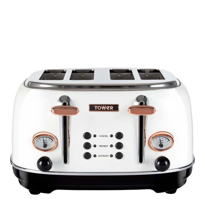 Tower White & Rose Gold 4 Slice Stainless Steel Toaster