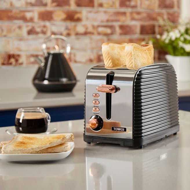 Tower Black & Rose Gold Linear Textured 2-Slice Toaster