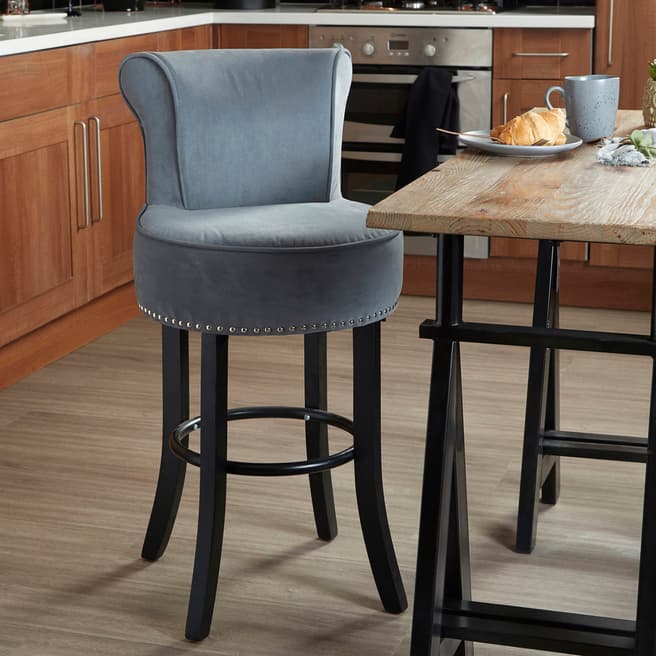 Fifty Five South Regents Park Bar Chair, Polyester Grey Velvet / Stud Detail, Black Tropical Hevea Wood Legs