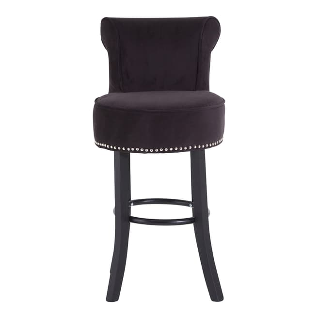 Fifty Five South Regents Park Bar Chair, Black Velvet / Stud Detail, Black Tropical Hevea Wood Legs