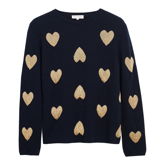 Chinti and Parker Navy/ Gold Lurex Cashmere Blend Heart Sweater
