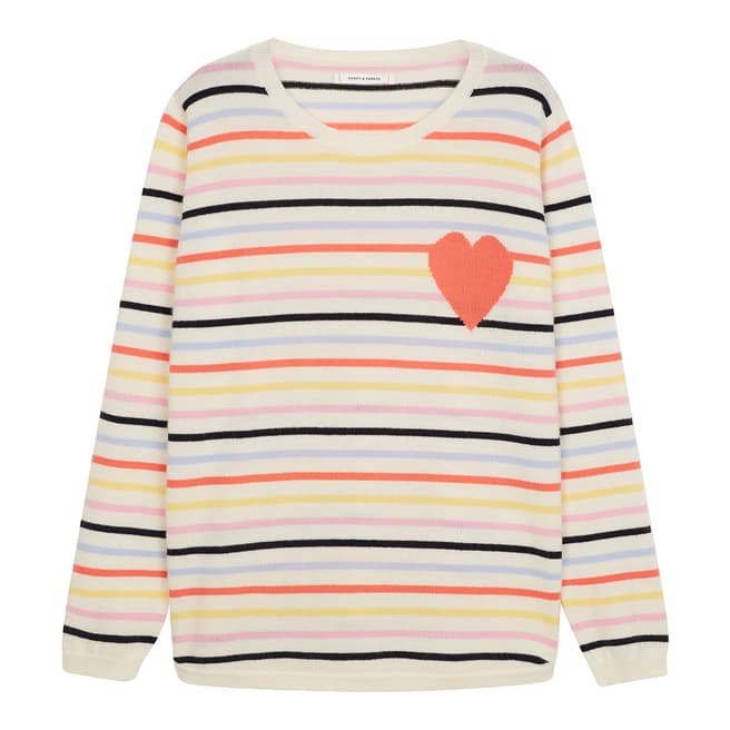 Chinti and Parker Cream/Multi Striped Heart Cashmere Sweater