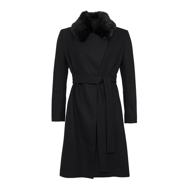 French Connection Black Platform Felt Fur Trim Wool and Cashmere Blend Coat