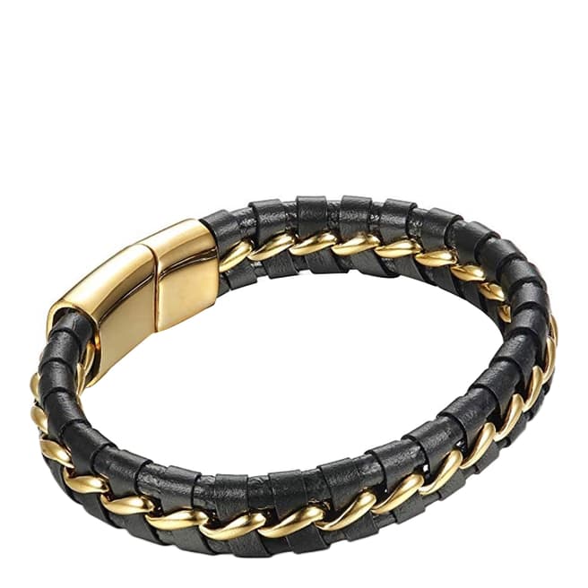 Stephen Oliver Men's Gold Plated / Black Woven Leather Bracelet