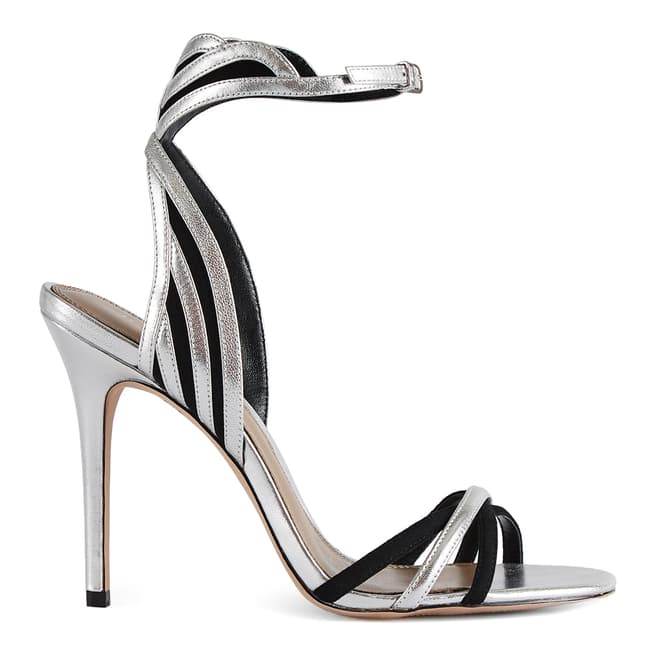 Reiss Silver/Black Leather Scala Strappy Heels
