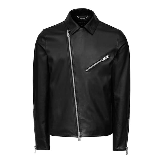 Reiss Black Faubourg Zip Leather Biker Jacket