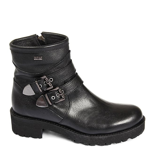 Gön Black Leather Double Buckle Chunky Heel Ankle Boots