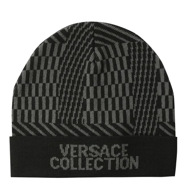 Versace Collection Black/Grey Wool Blend Patterned Beanie
