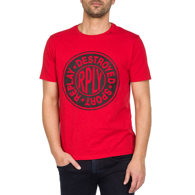 Replay Bright Red Sport Print Cotton Tee