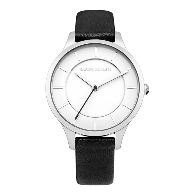 Karen Millen Pearlised Black Leather Round Watch