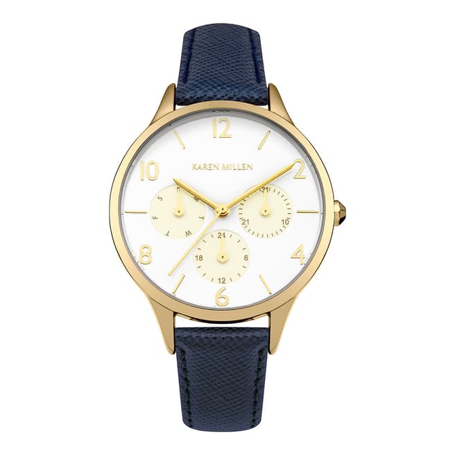 Karen Millen Blue Saffiano  Leather Round Watch