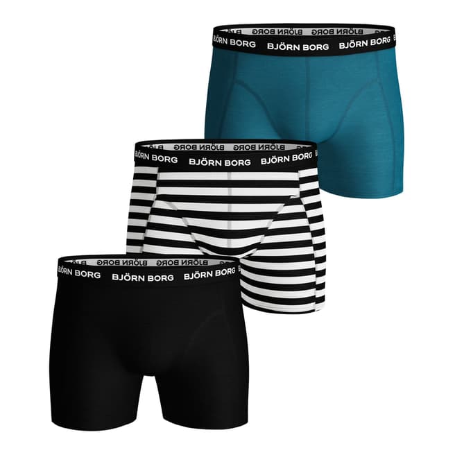 BJORN BORG Men's Black/White/Teal Essential Stripe Shorts 3P