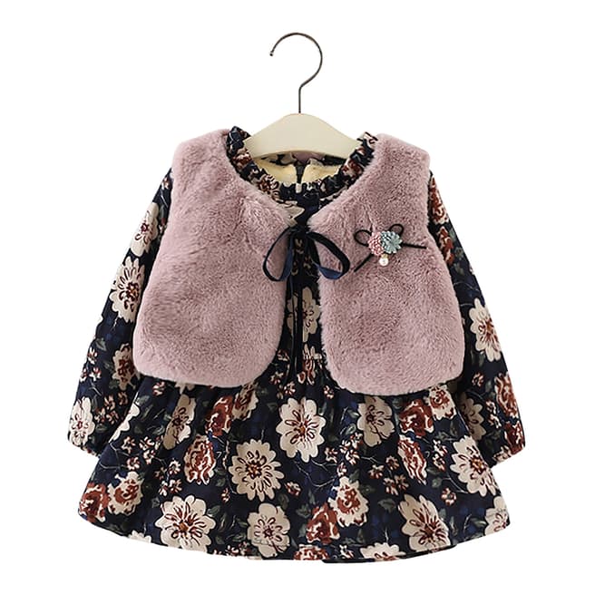 Style My Kid Girls Winter Floral Dress with Gilet Taupe