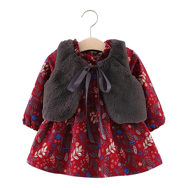 Style My Kid Girls Fur Winter Petal Dress with Gilet Red