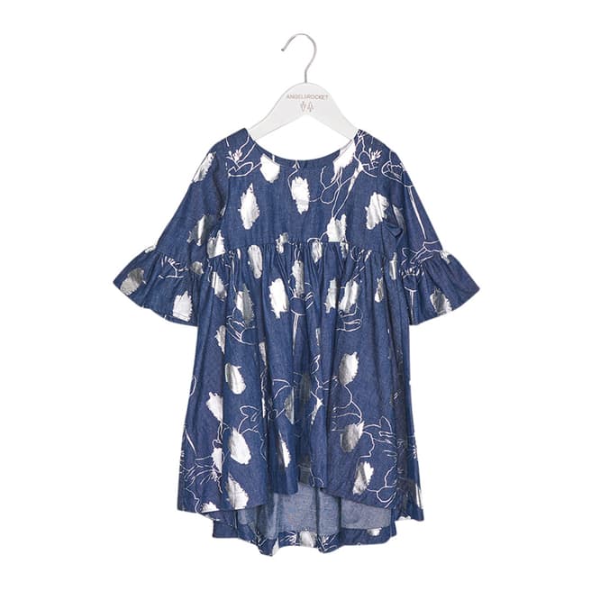 Angel & Rocket Girls Blue Lilly Foil Print Chambray Dress
