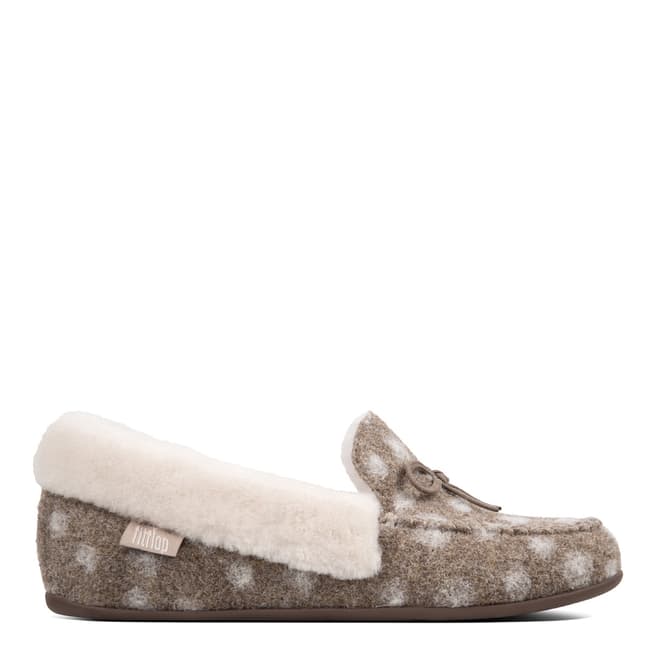 FitFlop Taupe Wool Polka Dot Clara Shearling Moccasin Slippers 