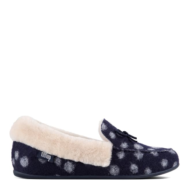 FitFlop Midnight Navy Polka Dot Wool Clara Shearling Moccasin Slippers