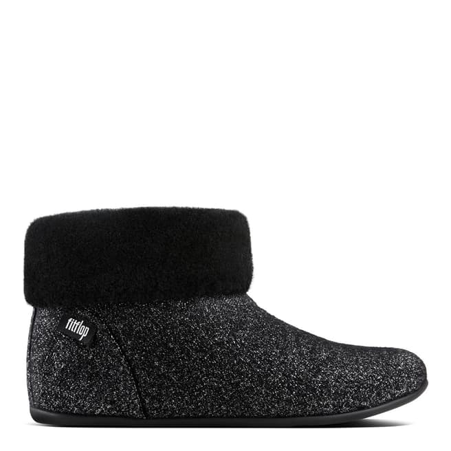 FitFlop Black Wool Sarah Shearling Glimmer Slipper Booties 