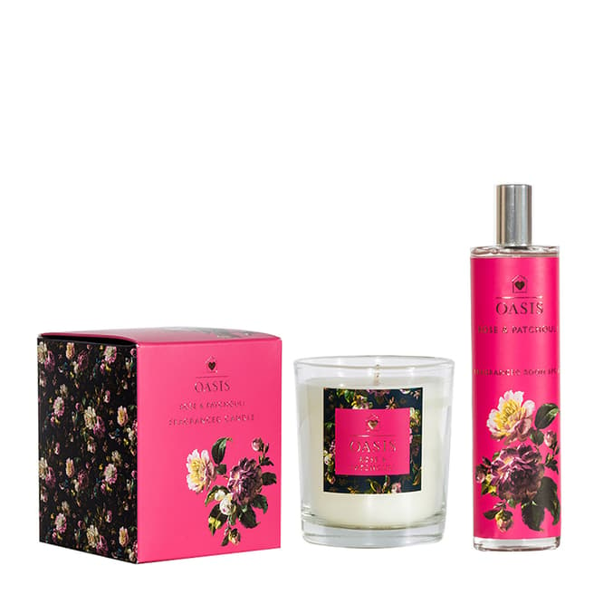 Oasis Rose & Patchouli Glass Candle & Room Spray Gift Set