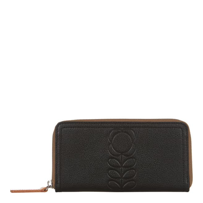 Orla Kiely Black Flower Stem Embossed Leather Big Zip Wallet